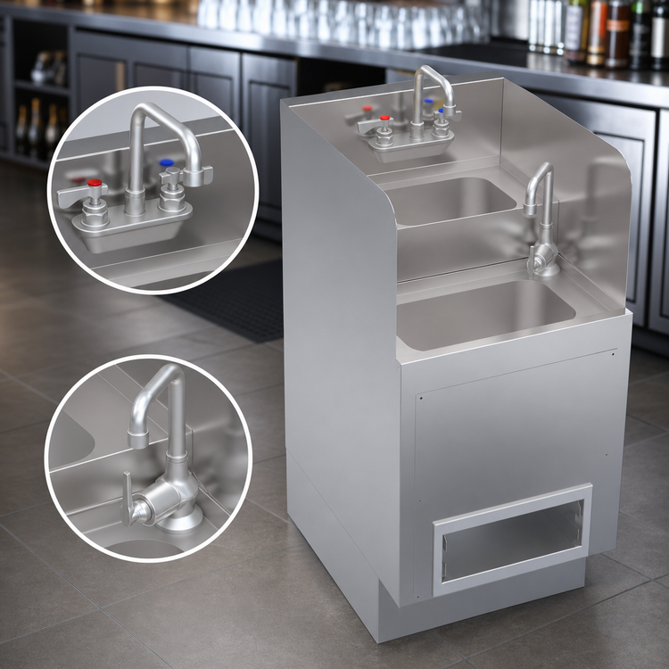 Product image #4 for Krowne Royal Series Freestanding Underbar Hybrid Hand/Dump Sink, 18 Inch x 24 Inch, 2-Bowl