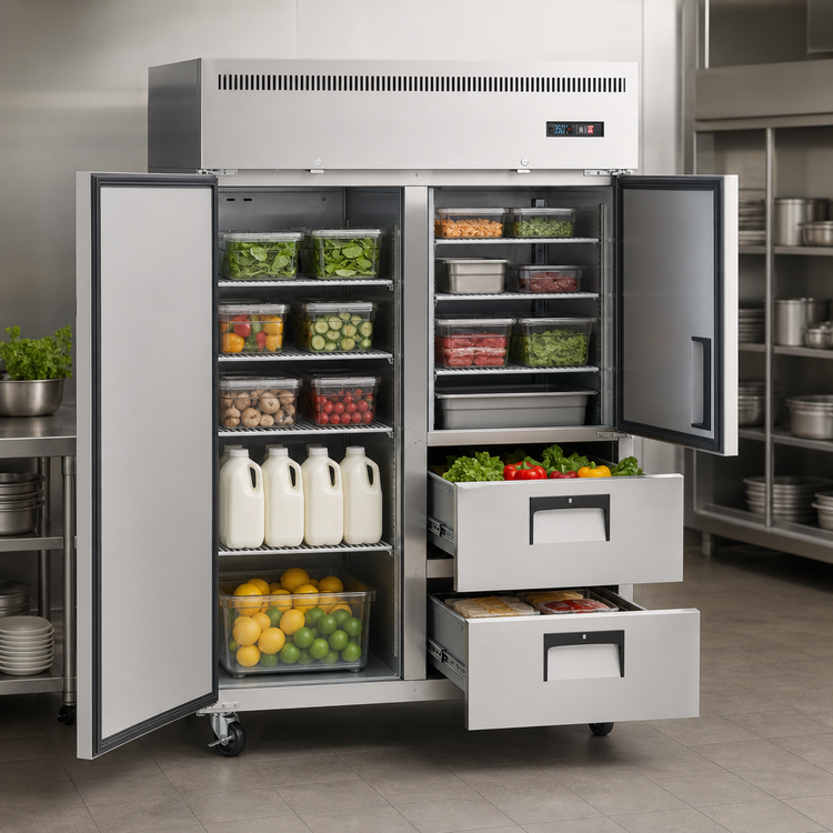 Product image #4 for Everest Refrigeration Two-Section Reach-In Refrigerator with Solid Door, Half-Door, and Drawers, 48 Cu. Ft., Top-Mounted Self-Contained