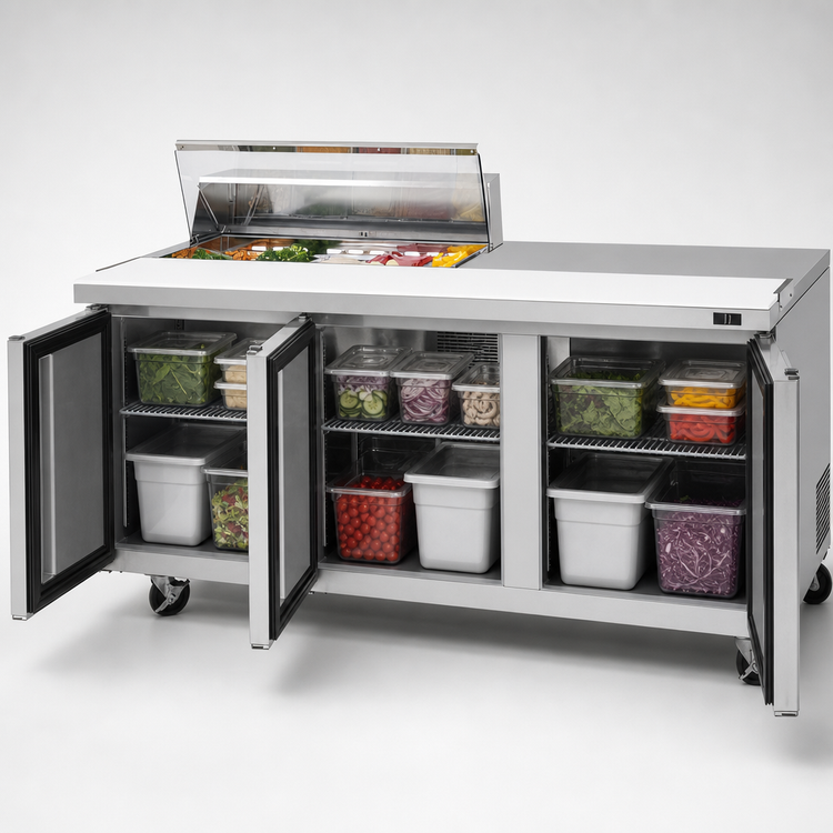 Product image #4 for Turbo Air Super Deluxe Three-Section Refrigerated Sandwich/Salad Prep Table with Clear Top and 10-Pan Opening