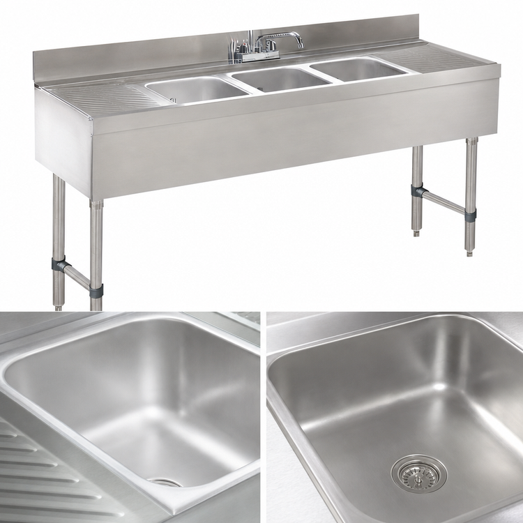 Product image #4 for Advance Tabco Underbar Basics 3-Compartment Stainless Steel Underbar Sink Unit with Dual Drainboards and Deck-Mount Faucet, 72 Inch Wide