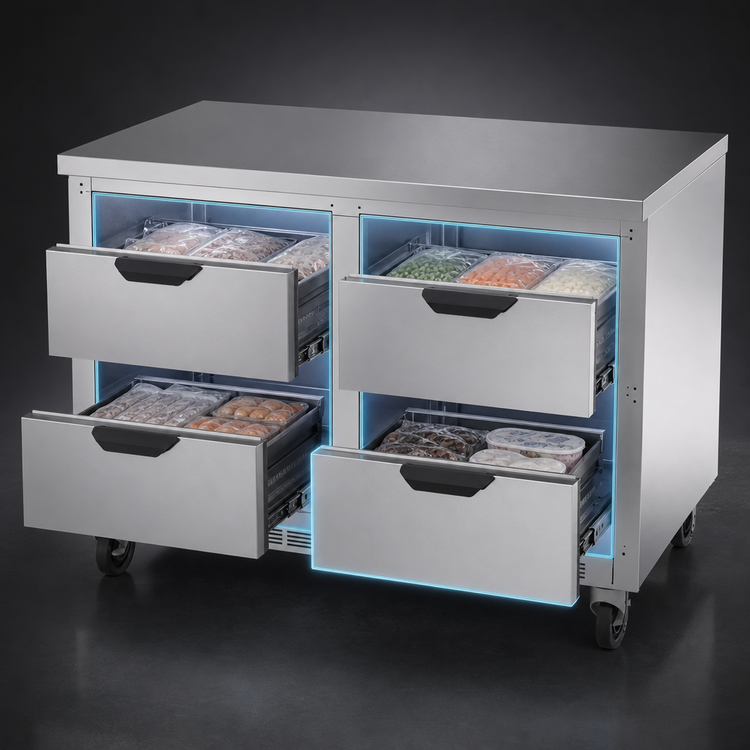 Product image #4 for Beverage Air 48-Inch Two-Section Stainless Steel Worktop Freezer with 4 Drawers and Flat Top