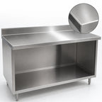 Thumbnail image #4 for Eagle Group Spec-Master OB2496SEM-BS 96 x 24 Inch Stainless Steel Work Table, Open-Front Cabinet Base, 14-Gauge 304 Top, 4-1/2-Inch Backsplash