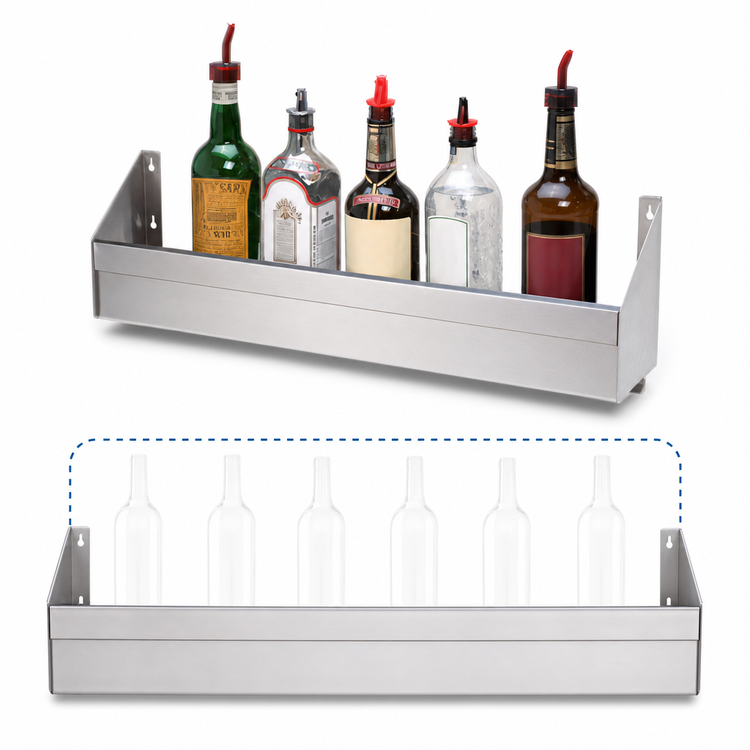 Product image #4 for Advance Tabco Special Value Single-Tier Speed Rail, 24 Inch, 5-6 Bottle Capacity, Stainless Steel, Keyhole Mounted