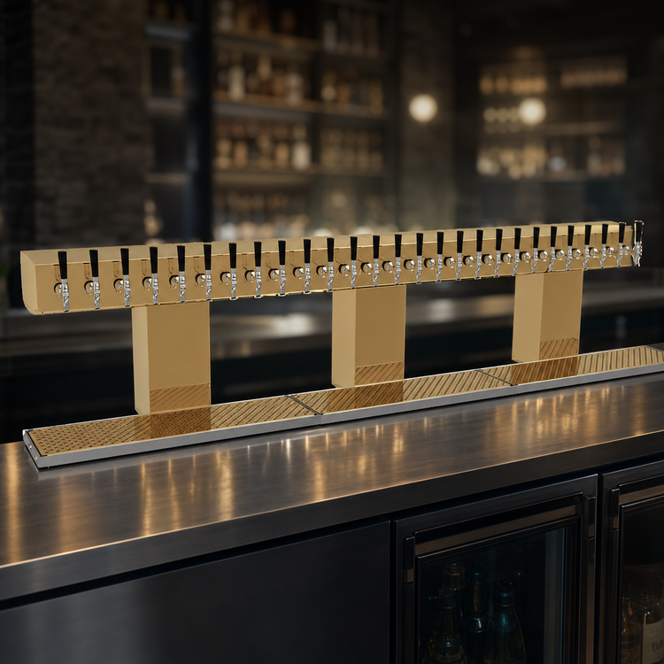 Product image #4 for Glastender Triple-Column Countertop Bridge Draft Dispensing Tower, 30 Faucets, Glycol-Cooled, Polished Brass Finish