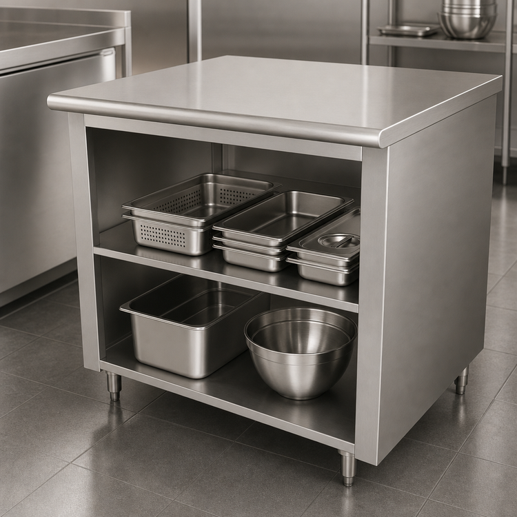 Product image #4 for Advance Tabco 144-Inch x 24-Inch Stainless Steel Work Table with Open Front Cabinet Base and Mid-Shelf
