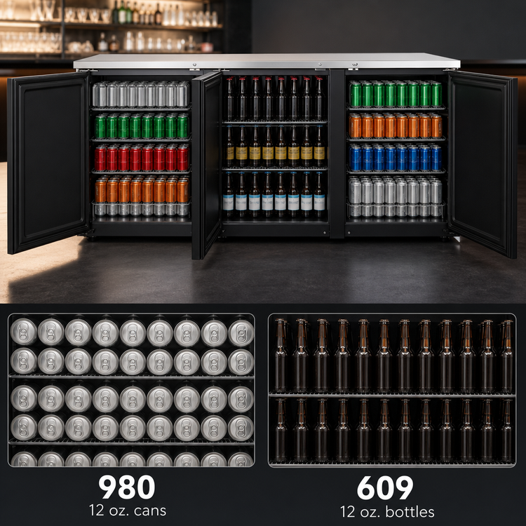 Product image #4 for Everest Refrigeration EBB90-24 Three-Section Back Bar Refrigerator, 89-1/4 Inch Wide, 28 Cu. Ft., Self-Contained Side-Mounted