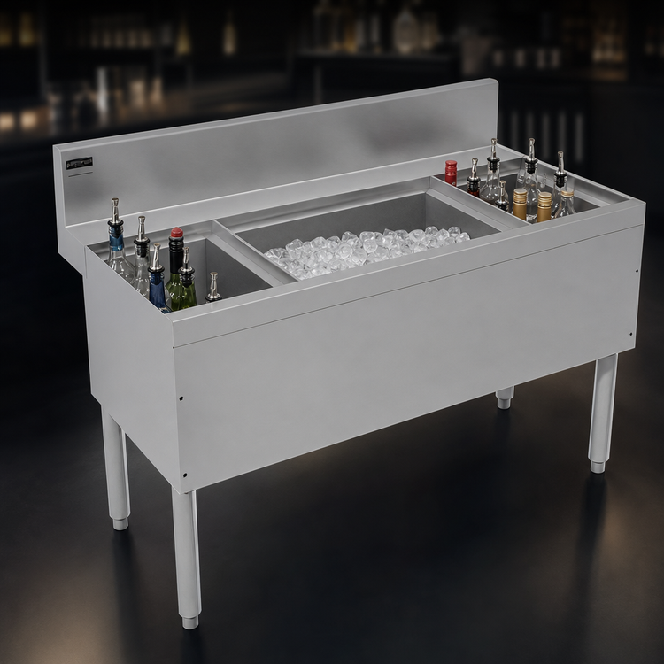 Product image #4 for Advance Tabco Prestige Supreme 48-Inch Stainless Steel Bar Ice Bin with Left and Right Bottle Racks, No Cold Plate