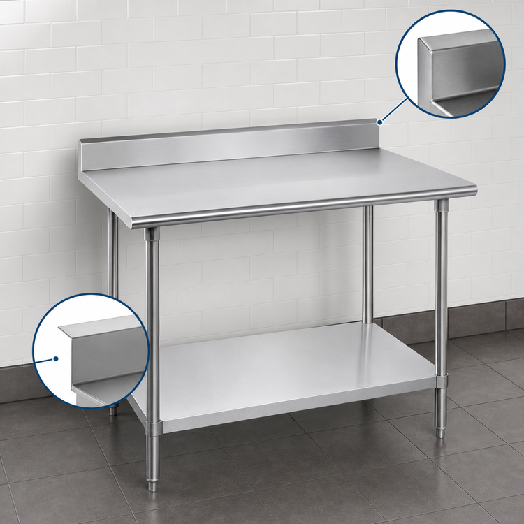 Product image #4 for Advance Tabco KMG-307 84-Inch x 30-Inch 304 Stainless Steel Work Table with 5-Inch Backsplash and Adjustable Galvanized Undershelf