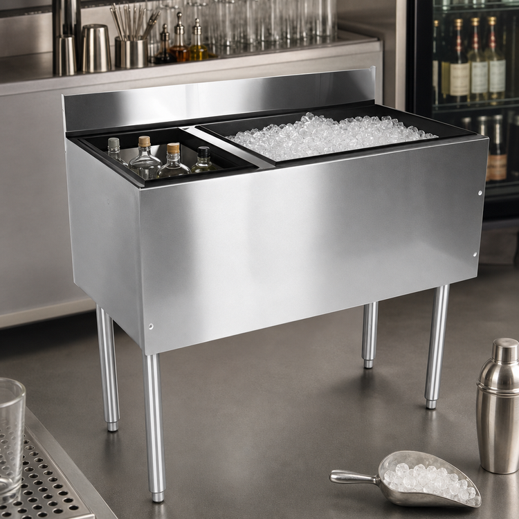 Product image #4 for CHOICE 42-Inch Underbar Combo Ice Bin/Cocktail Unit with Left 6-Bottle Storage
