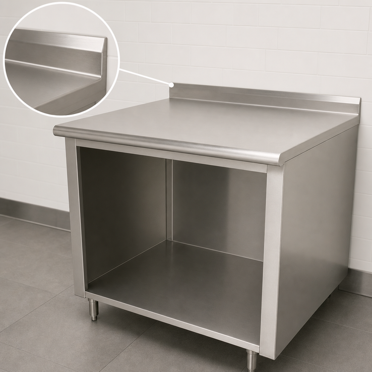 Product image #4 for Advance Tabco 96-Inch Wide Stainless Steel Work Table with Open Front Cabinet Base and 1-1/2-Inch Rear Up-Turn
