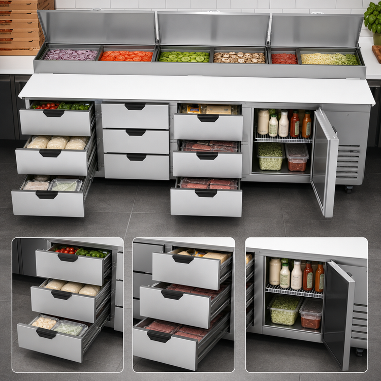 Product image #4 for Beverage-Air Four-Section Pizza Prep Table with 9 Drawers, 1 Door, and 19-Inch Cutting Board, 119-Inch