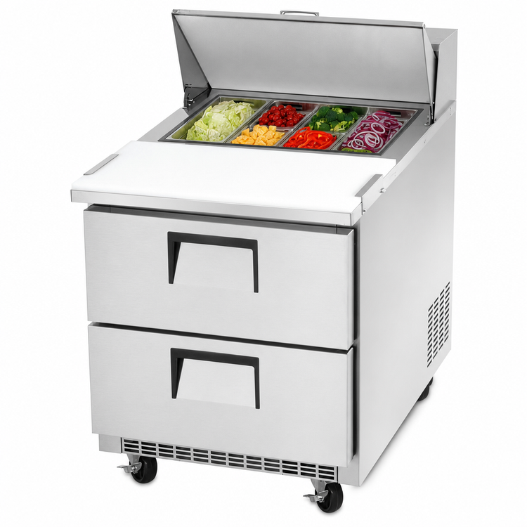 Product image #4 for Everest Refrigeration 27-3/4 Inch 1-Section Stainless Steel Drawered Sandwich Prep Table with Rear-Mounted Self-Contained Refrigeration, 2 Drawers, and 8 1/6-Size Pan Top Opening