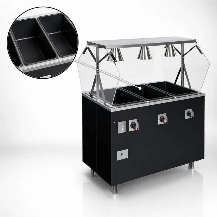 Product image #4 for Vollrath 2-Series Affordable Portable Deluxe 4-Well Mobile Hot Food Station with Buffet-Style Breath Guard and Enclosed Storage Base