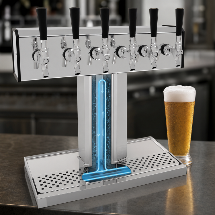 Product image #4 for Glastender Countertop 1-Column Glycol-Cooled Tee Draft Dispensing Tower with 6 Faucets, Polished Chrome