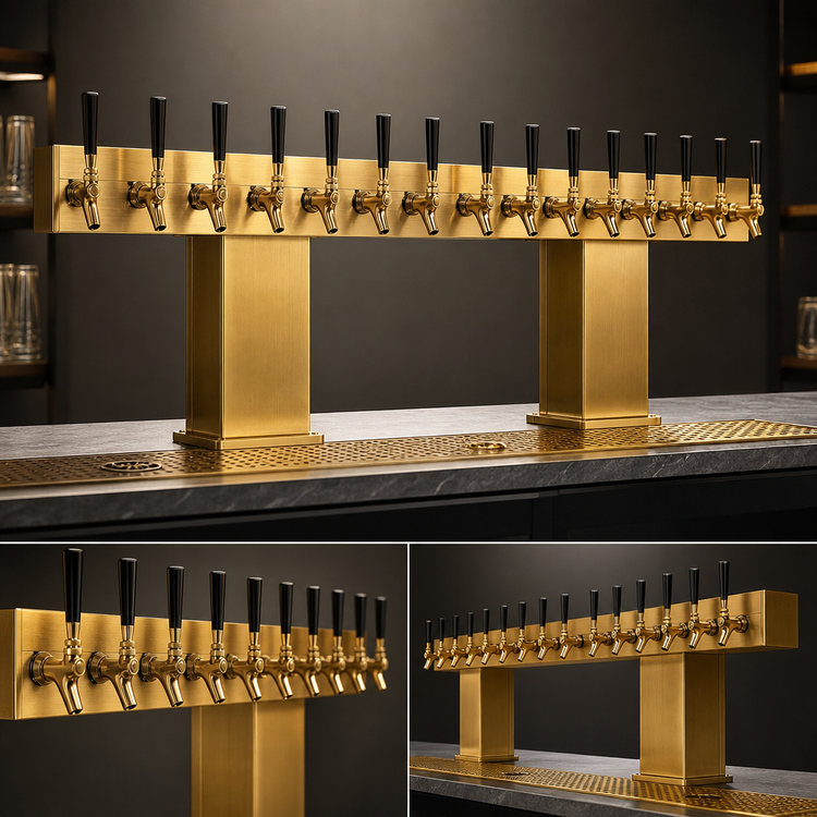 Product image #4 for Perlick Back-to-Back Bridge Tee Draft Beer Tower, Countertop, Extra High, 32 Faucet Capacity, Glycol-Cooled, Brass Finish