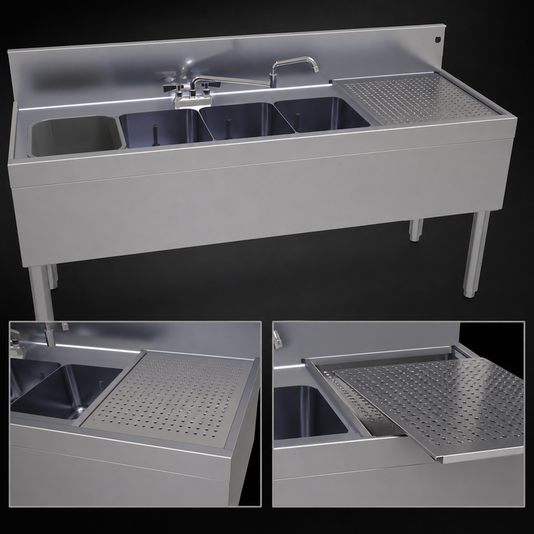 Product image #4 for Glastender Four-Compartment Stainless Steel Underbar Sink Unit with Right Drainboard and Deck-Mount Faucet, 66-Inch x 24-Inch