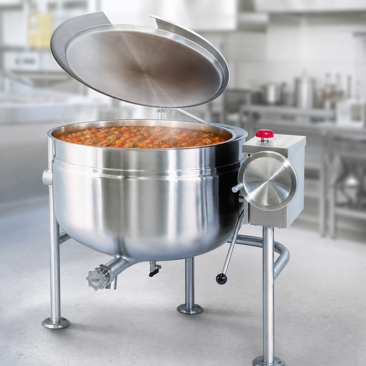 Product image #4 for Cleveland Range Short Series 60-Gallon Direct Steam Tilting Steam Jacketed Kettle with Open Tri-Leg Base