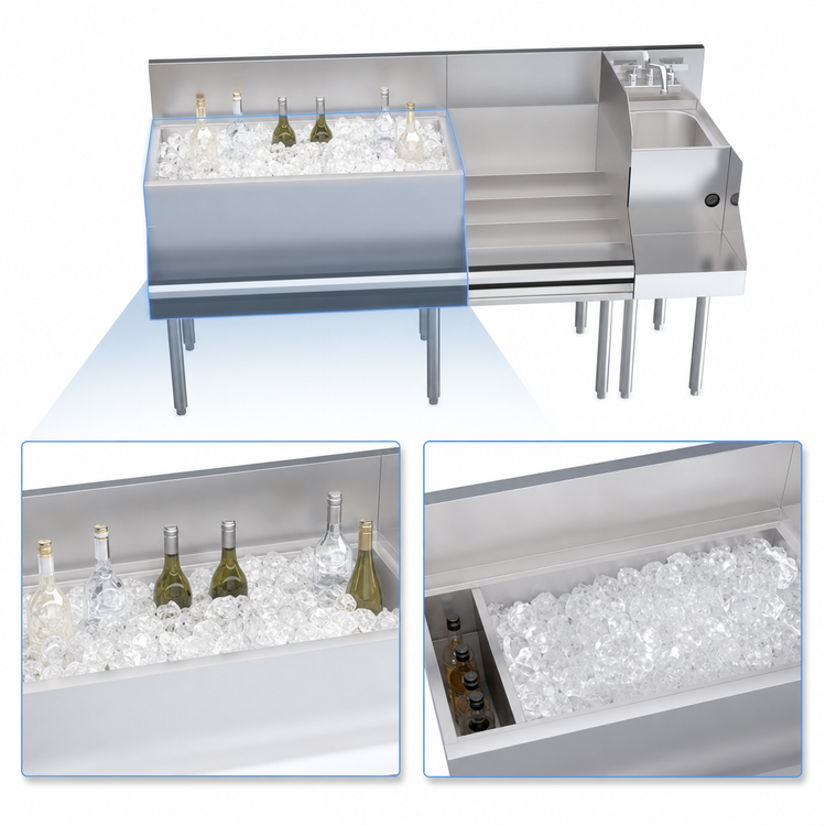 Product image #5 for Krowne Royal Series Underbar Ice Bin/Cocktail Station with 10-Circuit Cold Plate, Blender Station and Raised Liquor Display, 66 Inch W x 24 Inch D, 110 lb Ice Capacity