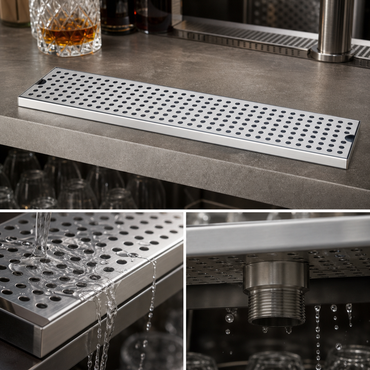 Product image #4 for Micro Matic Surface Mount Stainless Steel Drip Tray with Perforated Grill and 3-1/2 Inch Drain Nipple, 30 Inch x 5 Inch