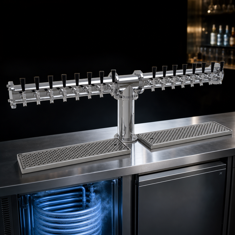 Product image #4 for Glastender Pipe Tee 16-Faucet Countertop Draft Dispensing Tower, Glycol-Cooled, Mirror Finish