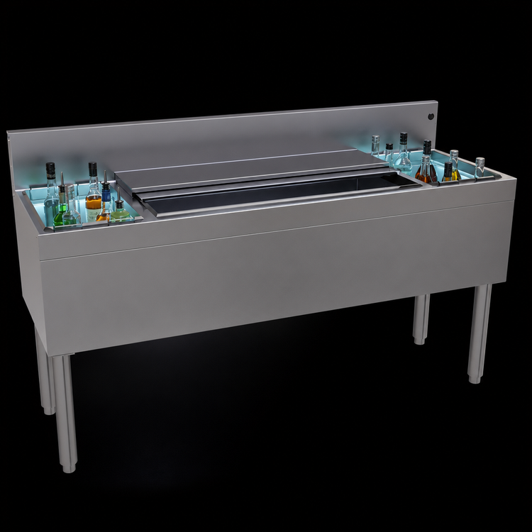 Product image #4 for Glastender CBA-60-CP10 Stainless Steel Underbar Combo Ice Bin/Cocktail Unit with 10-Circuit Cold Plate and Dual Bottle Wells