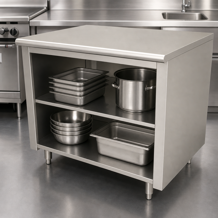 Product image #4 for Advance Tabco 60 Inch x 30 Inch Open Front Cabinet Base Work Table with Mid-Shelf and 14 Gauge 304 Stainless Steel Top