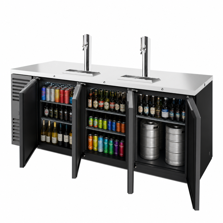 Product image #4 for True Premier Bar 84" Three-Section Pass-Thru Refrigerated Draft Bar Cooler with Stainless Steel Countertop, 6 Doors, and 2 Beer Columns
