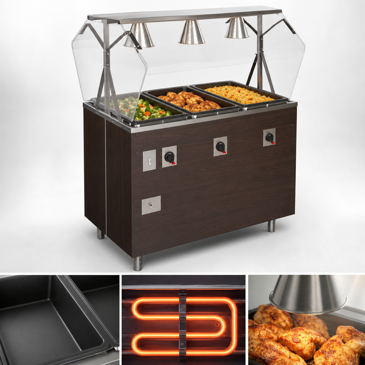 Product image #4 for Vollrath 2-Series Affordable Portable 3-Well Mobile Hot Food Station with Lighted Buffet Breath Guard and Enclosed Base, Walnut Woodgrain