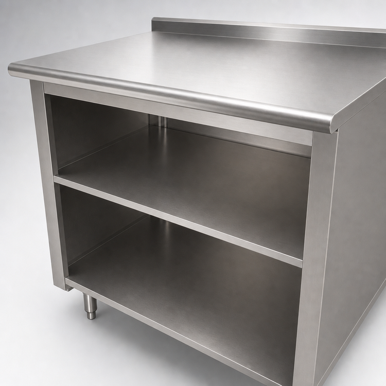 Product image #4 for Advance Tabco 84" x 36" Open Front Cabinet Base Work Table with Mid-Shelf, 14-Gauge 304 Stainless Steel Top and 1-1/2" Rear Up-Turn
