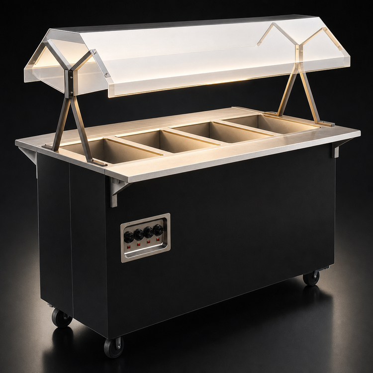 Product image #4 for Vollrath 2-Series Affordable Portable 4-Well Open-Well Mobile Hot Food Station with Buffet Breath Guard and Lights, Enclosed Storage Base, Black