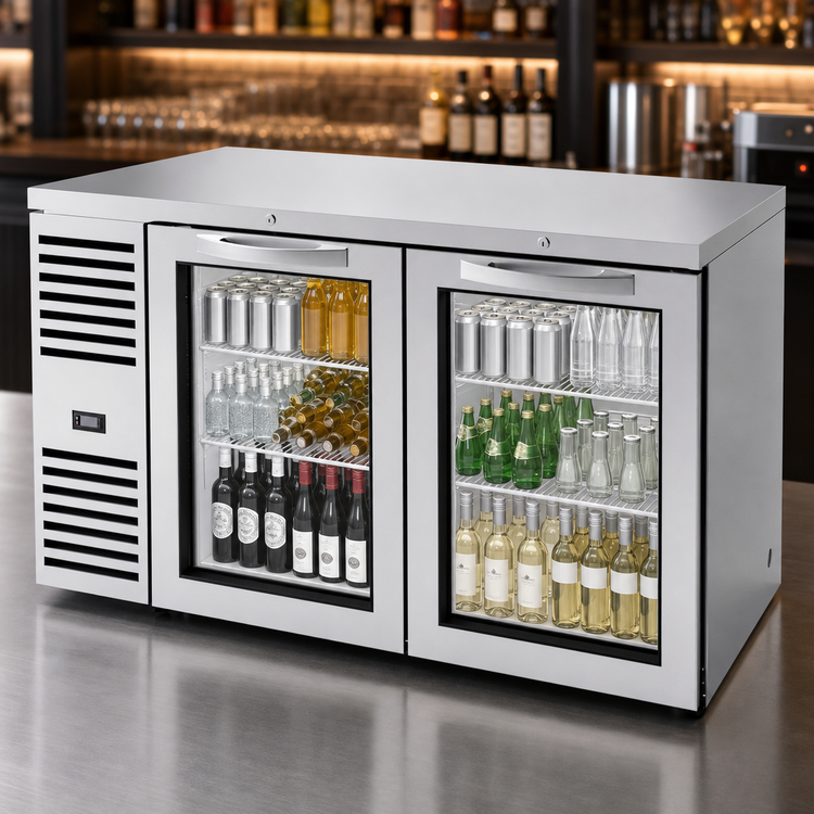 Product image #4 for 60-Inch Two-Section Refrigerated Back Bar Cooler with Glass Doors and Side-Mounted Self-Contained Refrigeration