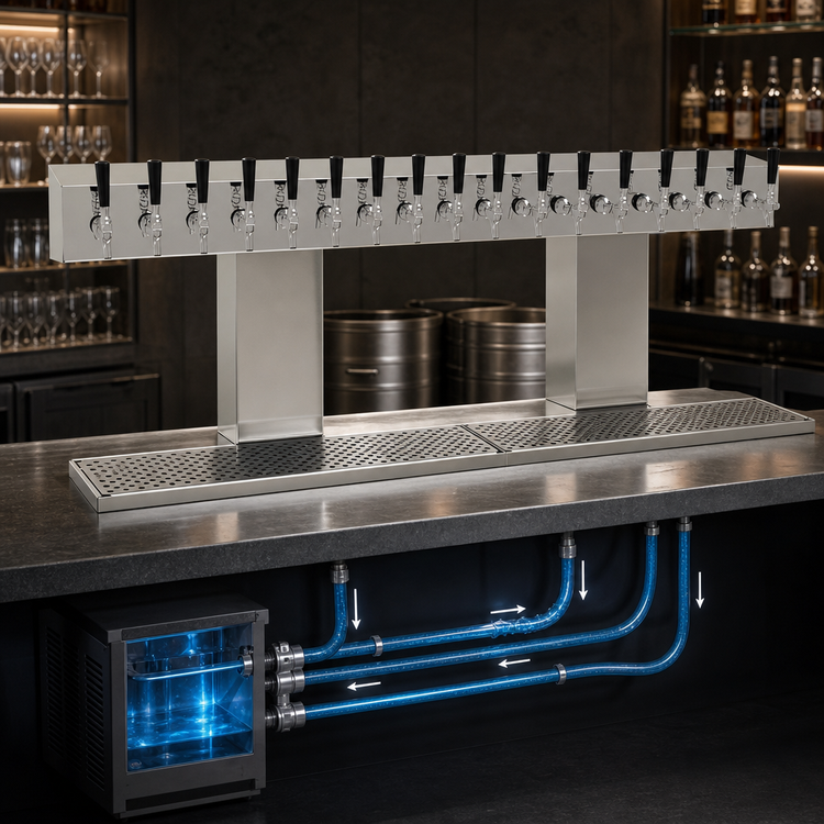 Product image #4 for Glastender BRT-18-MFR 18-Faucet Countertop Bridge Draft Dispensing Tower, Glycol-Cooled, Mirror Finish