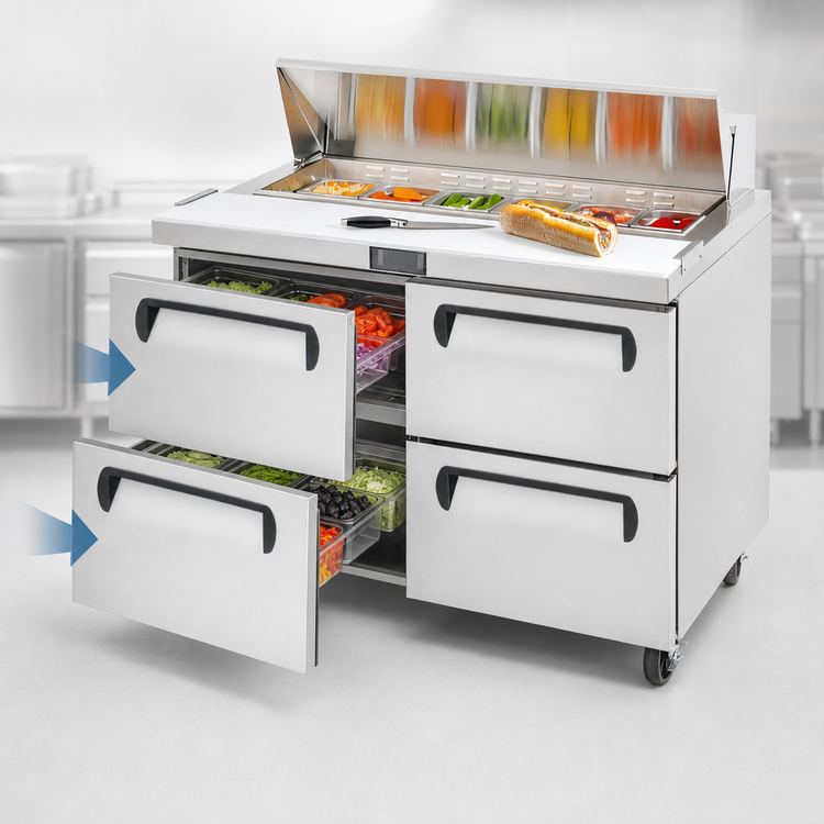 Product image #5 for Migali 48-1/4 Inch Stainless Steel Refrigerated Sandwich Prep Table with 2 Drawers and 12-Pan Capacity
