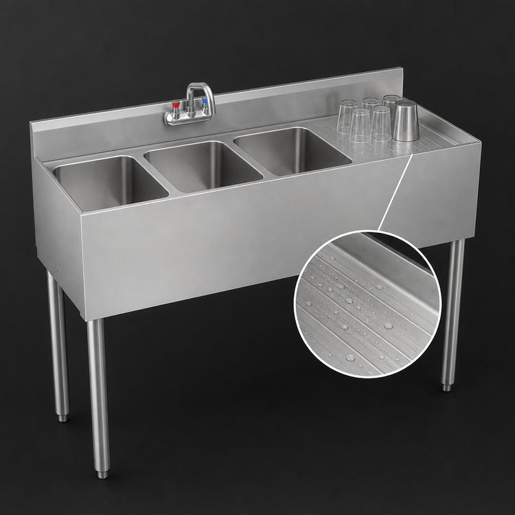 Product image #4 for Krowne Silver Series Three-Compartment Stainless Steel Bar Sink with Integrated Drainboard and Wall-Mount Faucet