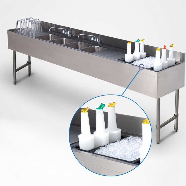 Product image #4 for Advance Tabco Underbar Basics 96-Inch Stainless Steel 3-Compartment Bar Sink and Ice Bin Combo with Deck Mount Faucet, Right Ice Bin