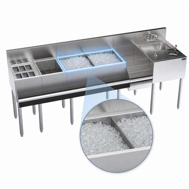 Product image #5 for Krowne Royal Series Single Zero-Step 84-Inch Underbar Speed Station with Sink, Ice Bin, Garnish Station, and Glass Rinser