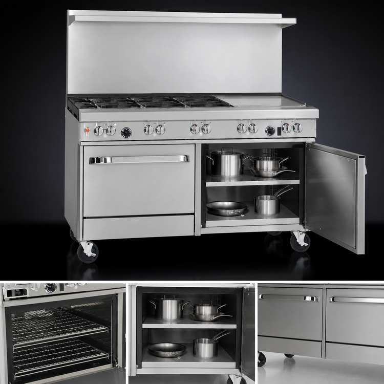 Product image #4 for Southbend Ultimate 60-Inch Commercial Gas Restaurant Range with 3 Star/Saute Burners, 2 Pyromax Burners, 24-Inch Griddle, Standard Oven and Cabinet Base