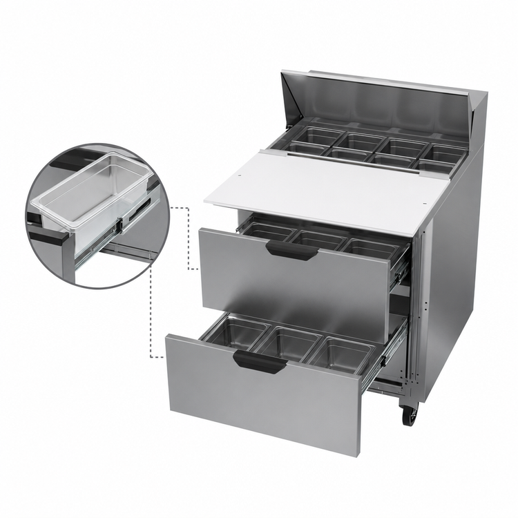 Product image #5 for Beverage-Air 27-Inch One-Section Refrigerated Sandwich Prep Table with 2 Drawers, 8-Pan Top, and Cutting Board
