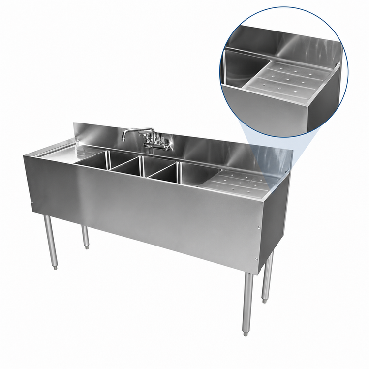 Product image #4 for CHOICE Three Compartment Underbar Sink Unit with Right Drainboard, Left Sink Location, 48 Inch x 24 Inch