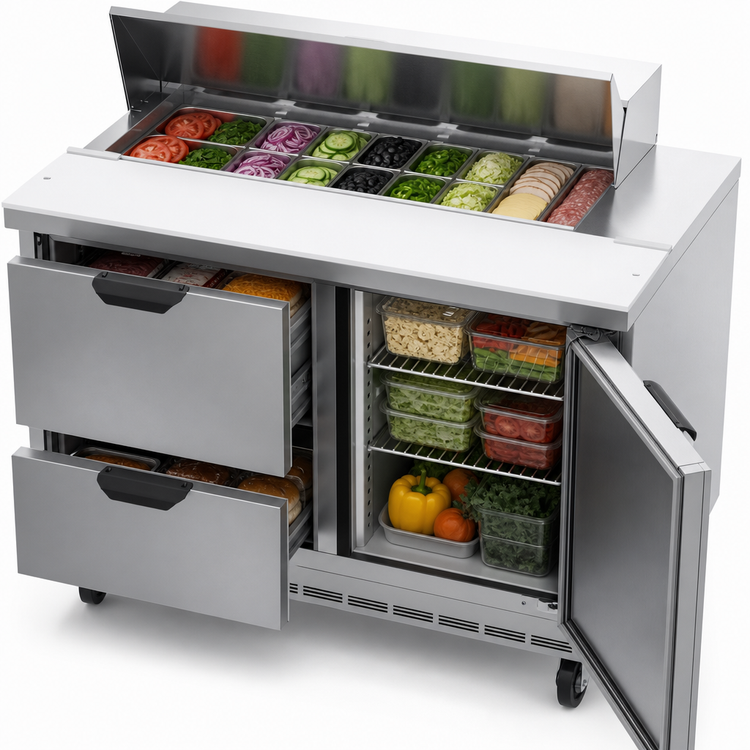 Product image #5 for 48-Inch Two-Section Sandwich Top Refrigerated Prep Table with 10-Pan Opening, Drawers and Door