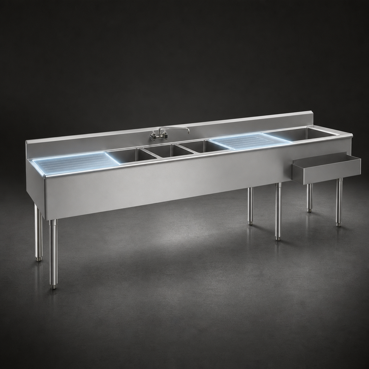 Product image #4 for Eagle Group 1800 Series 108 Inch Underbar Combination Unit with 3 Sink Bowls, 2 Drainboards, and Right-Hand Ice Bin