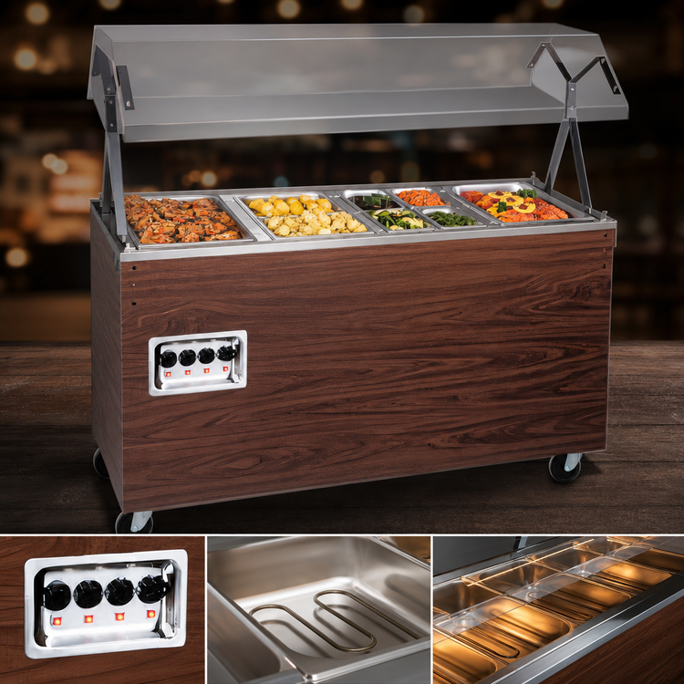 Product image #4 for 2-Series Affordable Portable 4-Well Mobile Hot Food Station with Buffet Breath Guard, Cherry Woodgrain Base, 120V