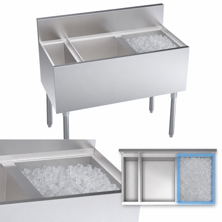 Product image #4 for 38 Inch Underbar Speed Multi Station Bar Ice Bin with Built-In 10-Circuit Cold Plate, Right Ice Bin, and Bottle Well