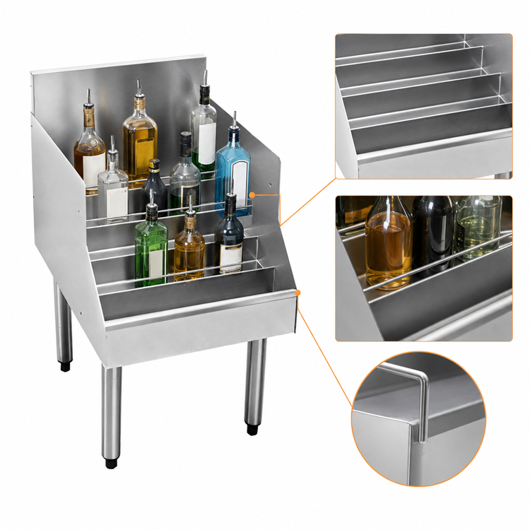 Product image #4 for CHOICE Freestanding Stainless Steel Underbar Liquor Steps with Bottle Retaining Rails, 18 x 24 Inches, 5-Step