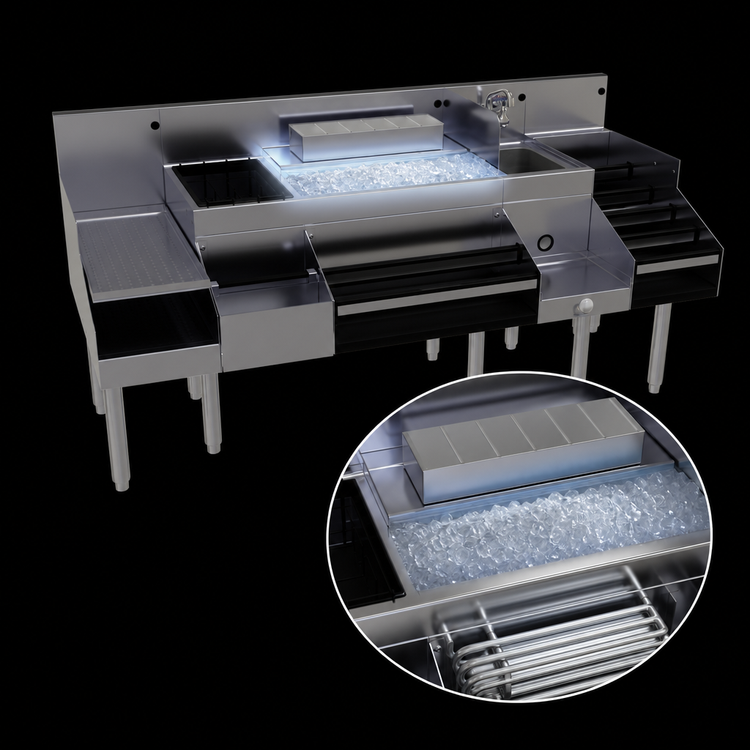 Product image #4 for Glastender All-In-One Underbar Ice Bin/Cocktail Station with Blender Shelf, Wet Waste Sink, and 10-Circuit Cold Plate, 72-Inch