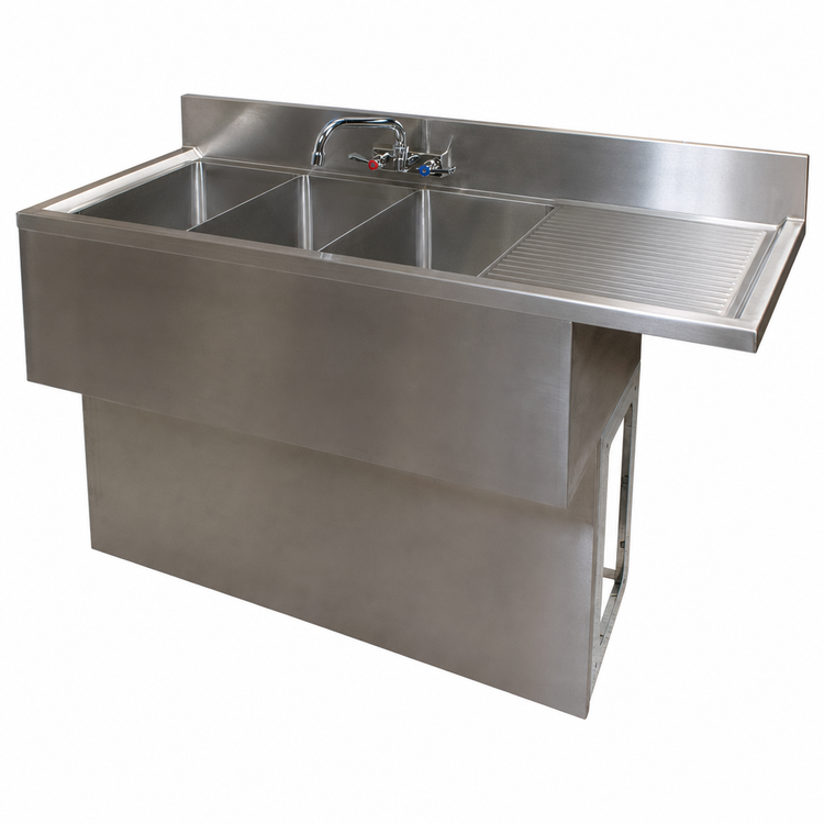 Product image #5 for 48-Inch Slim-Line 3-Compartment Stainless Steel Underbar Sink with Right Drainboard, Backsplash, and Faucet