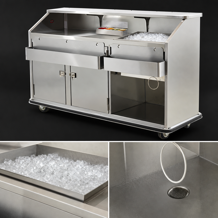 Product image #4 for 72-Inch Stainless Steel Mobile Beverage Service Bar with 60 lb. Ice Bin and 4-Bowl Underbar Server