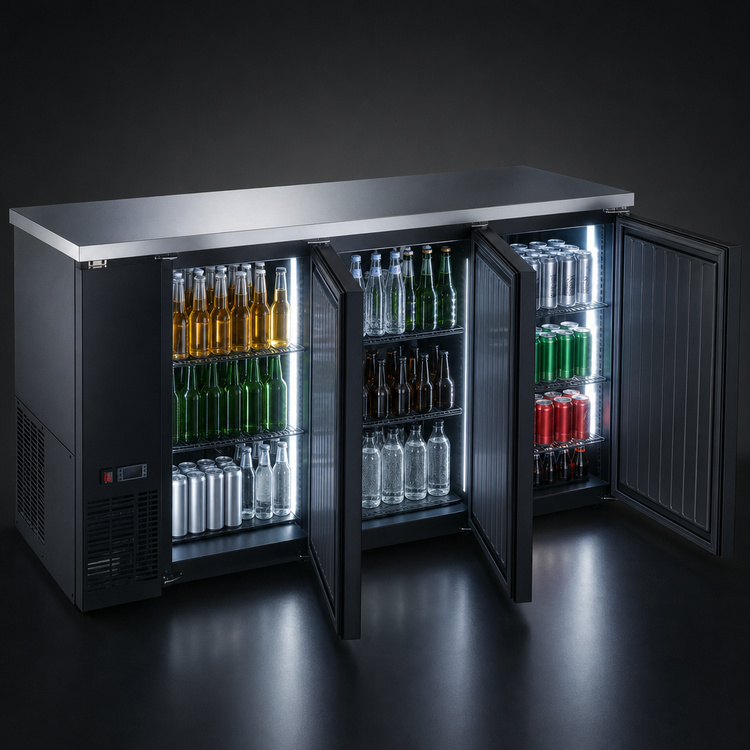 Product image #4 for Hurakan by Equip.me 72-Inch Narrow 3-Door Back Bar Refrigerator, Self-Contained, Black Exterior