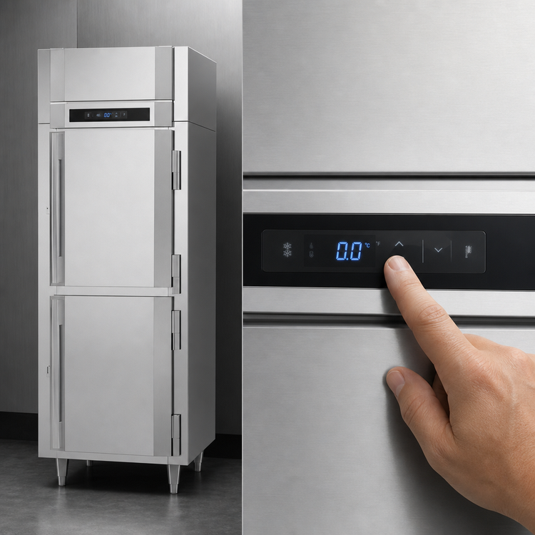Product image #4 for Victory UltraSpec Shallow Depth One-Section Self-Contained Reach-In Freezer with 2 Half-Height Solid Hinged Doors