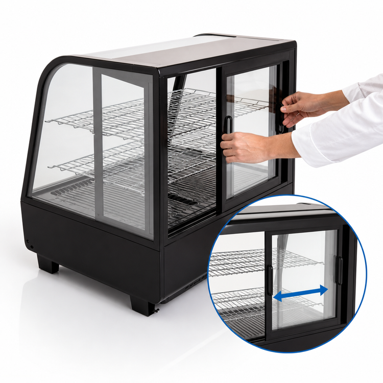 Product image #5 for Omcan 27-Inch Black Countertop Refrigerated Display Case, 3.5 Cu. Ft., Curved Glass, Rear Sliding Doors